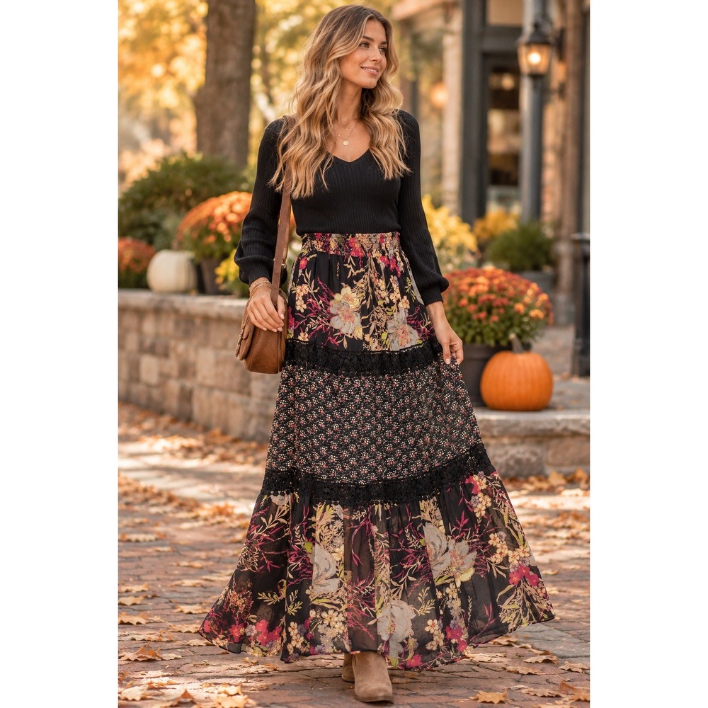 Floral Patchwork Maxi Skirt M Lace Tiered Boho Whimsigoth Cottagecore Gypsy